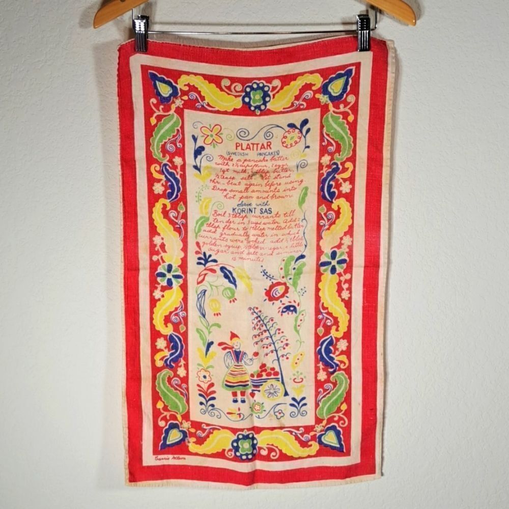 Dutch RARE Vintage Tea Dish Towel Swedish Pancake Plattar Recipe Carrie Wilson